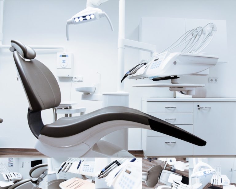 A dental exam chair with detail photos of dental equipment underneath